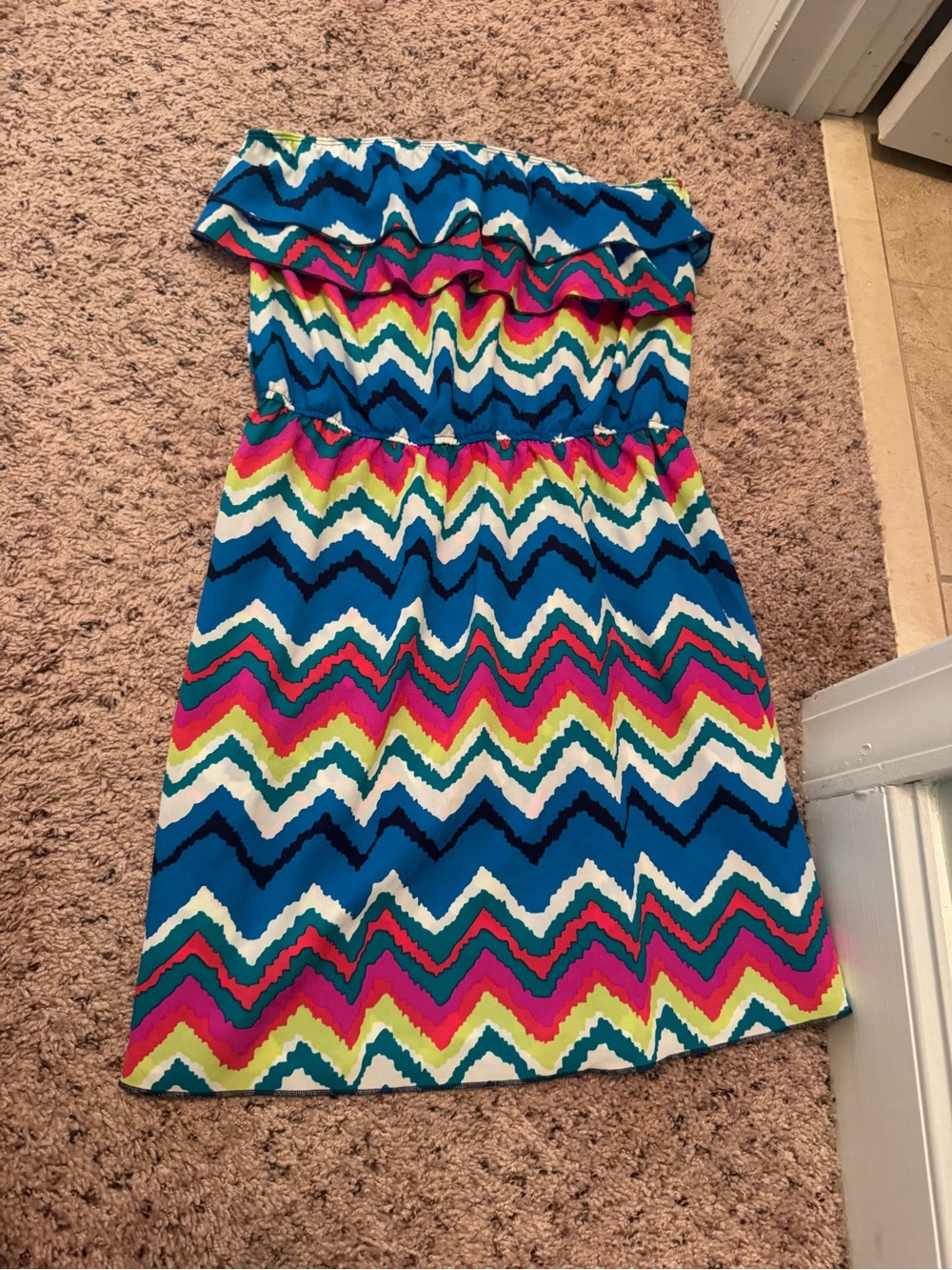 Blue Chevron Strapless Sundress with Pink & Yellow Accents